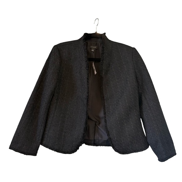 NWT, Ann Taylor Black Textured Fringe Trim Open Front Jacket, Sz M - Picture 8 of 15